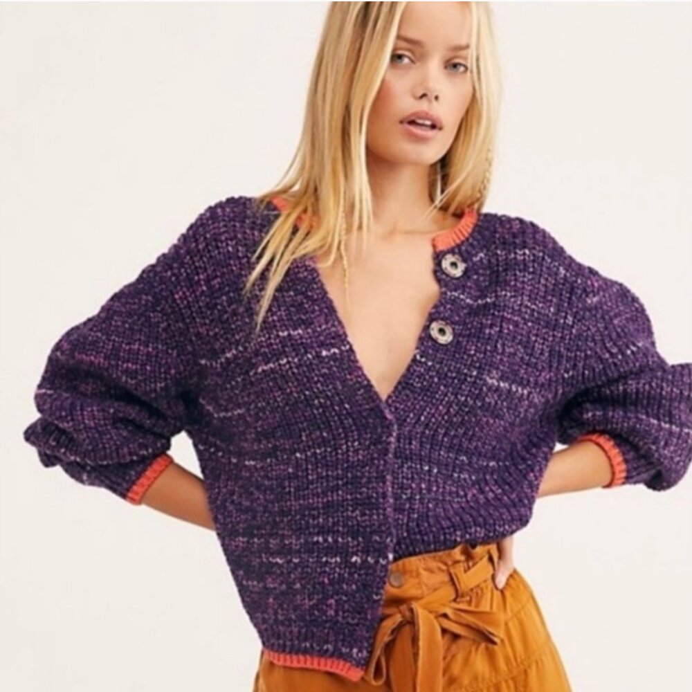 FREE PEOPLE WALK ON BY KNIT CARDIGAN PURPLE ORANGE HEATHER FALL COZY SMALL